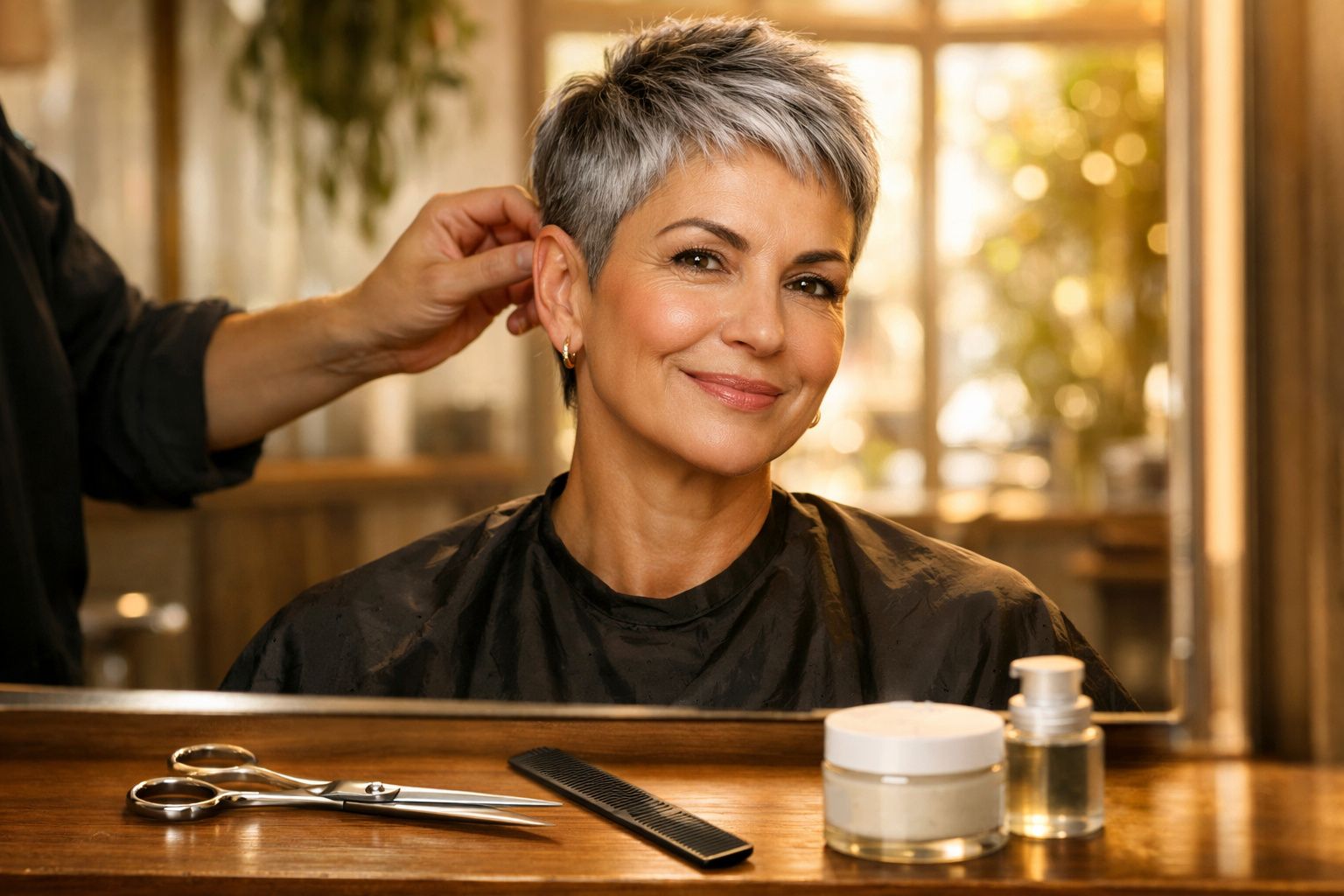 Mulher sorridente com cabelo curto grisalho em salão de beleza, pronta para corte de cabelo.