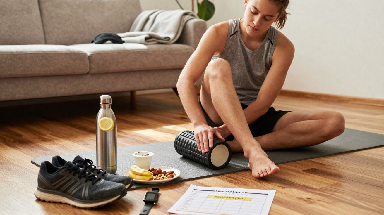 Mulher usando rolo de espuma para massagem muscular após treino em casa, com tênis e alimentos saudáveis ao lado.