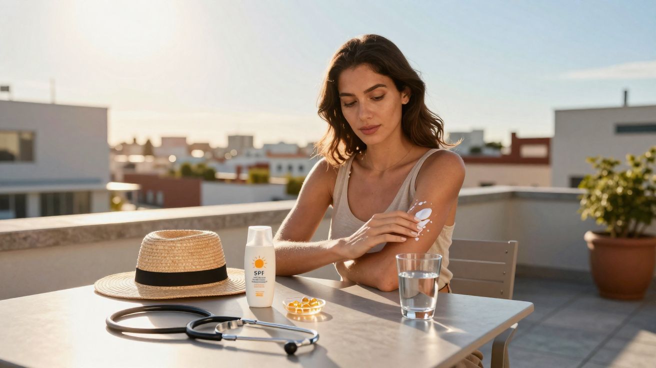 Mulher aplica protetor solar no braço sentada em mesa com chapéu, cápsulas, copo d'água e estetoscópio.