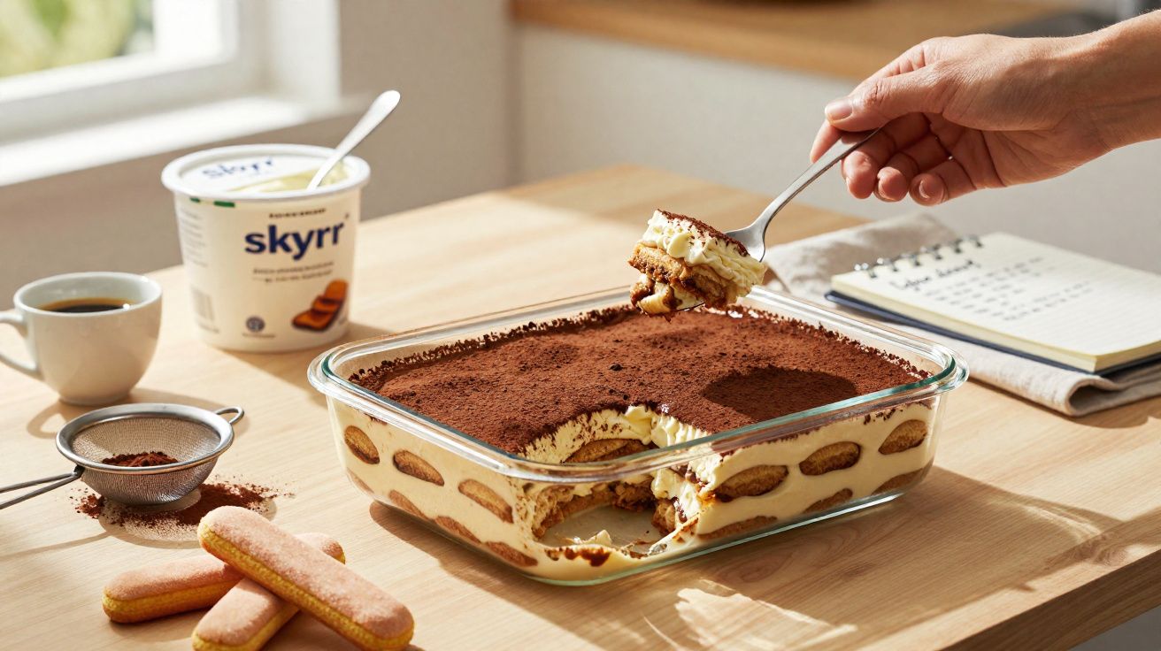 Pessoa pegando uma porção de tiramisu em travessa de vidro sobre mesa com café e iogurte skyr.