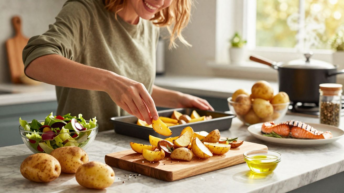 Mulher preparando batatas temperadas em uma cozinha clara com salada e salmão ao fundo.