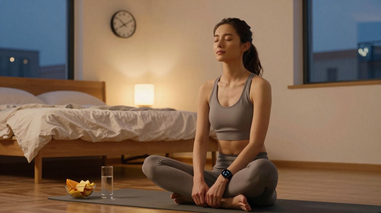 Mulher meditando sentada de pernas cruzadas em tapete de yoga num quarto ao anoitecer.