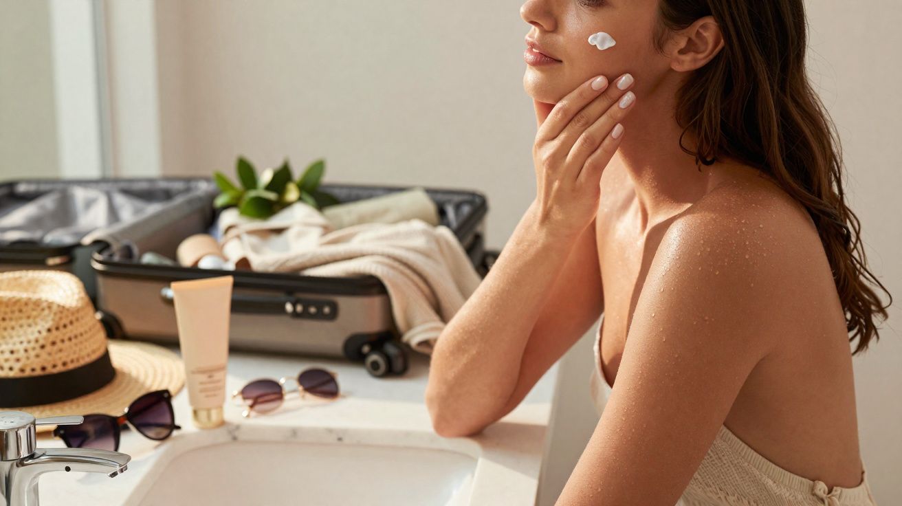 Mulher aplicando creme no rosto, ao lado de mala aberta, chapéu de palha e óculos escuros sobre a pia.