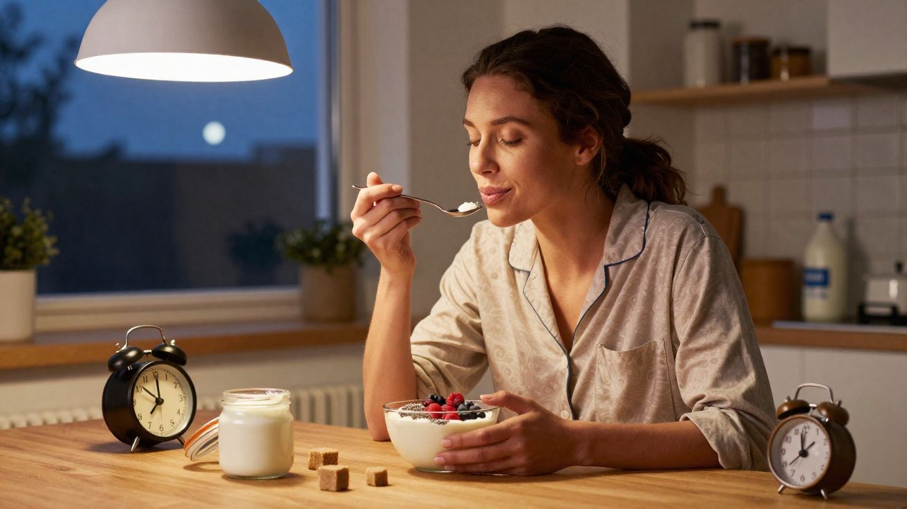 Mulher de pijama comendo iogurte com frutas no café da manhã à noite na cozinha, com relógios ao redor.