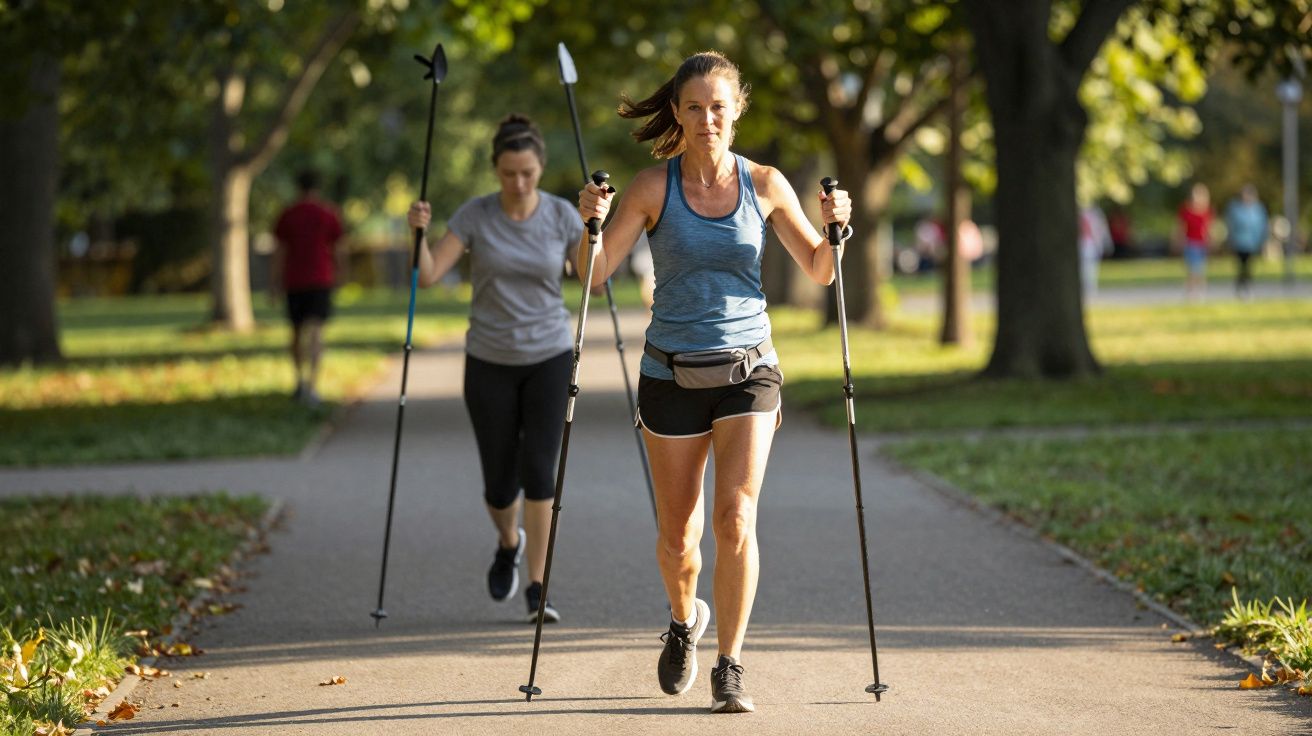 Duas mulheres praticando caminhada com bastões em parque ensolarado, trilha cercada de árvores e grama.