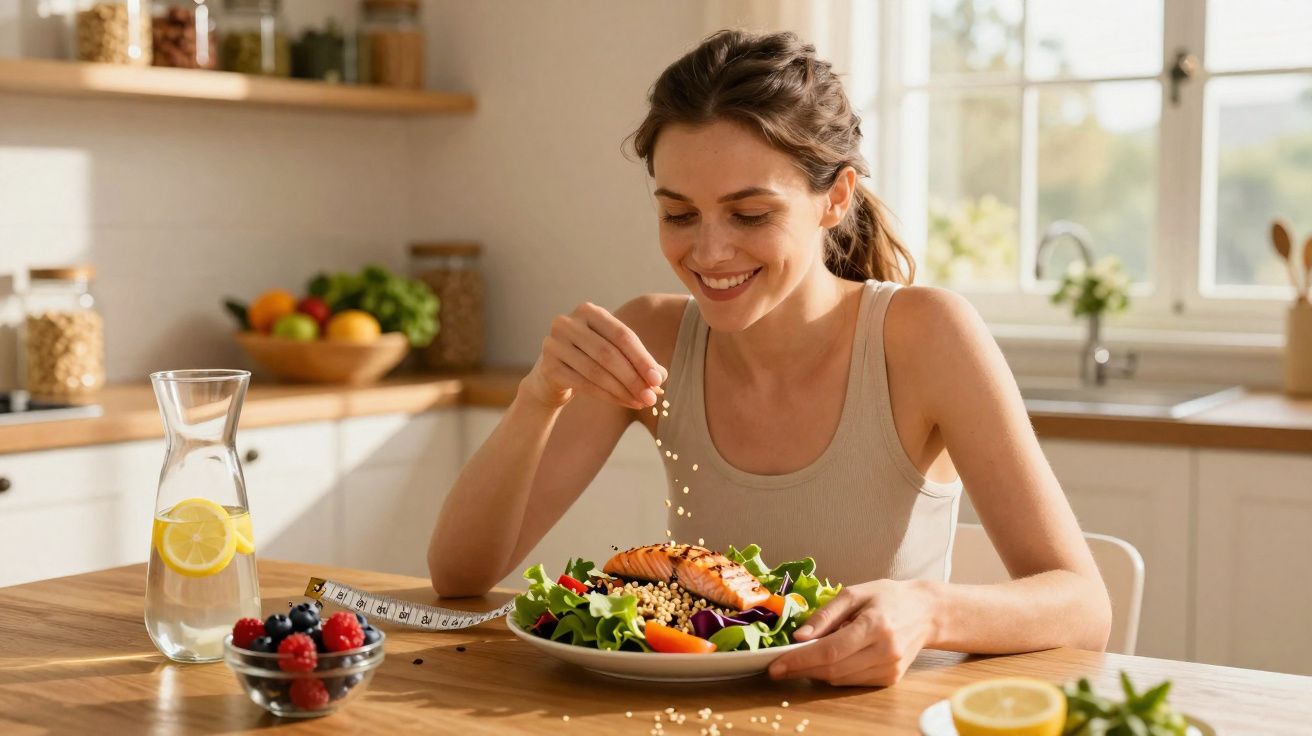 Mulher sorridente tempera salada com salmão em cozinha iluminada, ao lado de jarra de água e frutas.