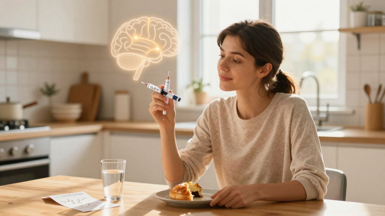 Mulher segura caneta com seringa ao lado de desenho iluminado de cérebro em cozinha iluminada.
