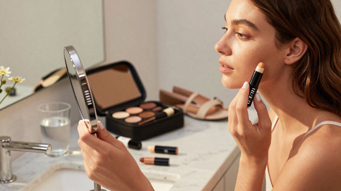 Mulher aplicando maquiagem com bastão corretivo em frente a espelho em bancada de banheiro.