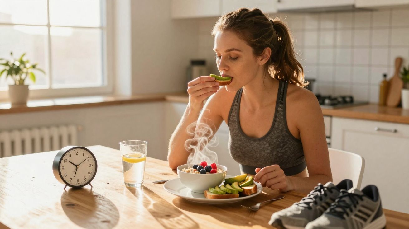 Mulher em roupa esportiva comendo abacate no café da manhã em cozinha clara com tênis na mesa.