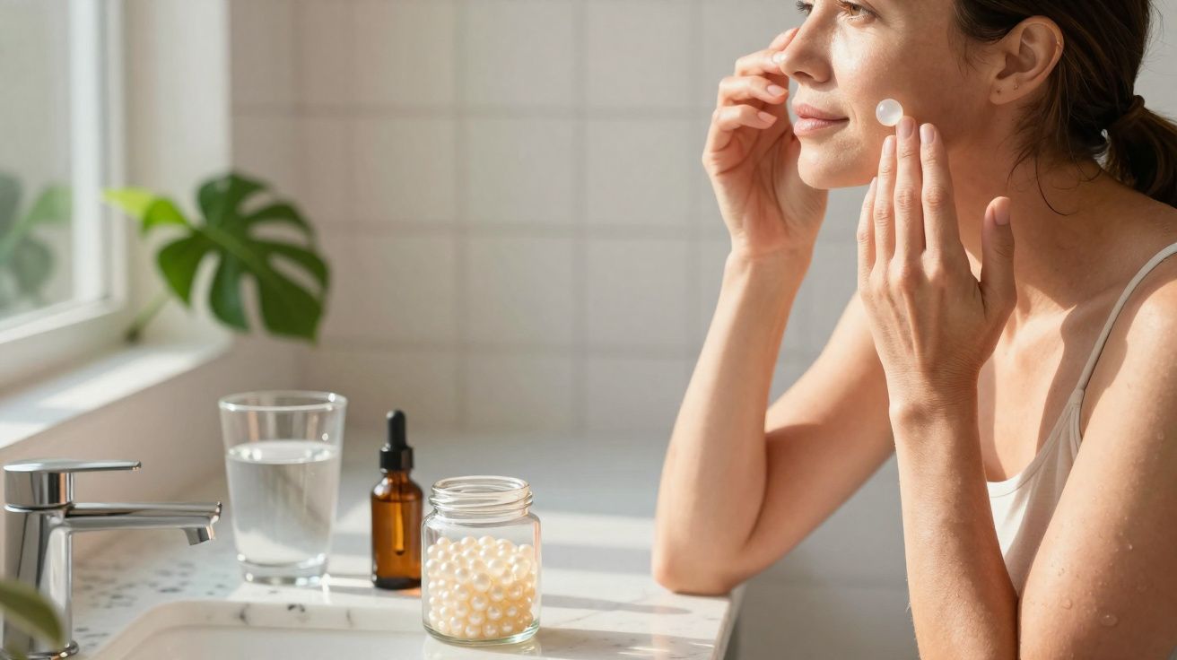 Mulher aplicando creme facial em formato de pérola em banheiro iluminado pela manhã.
