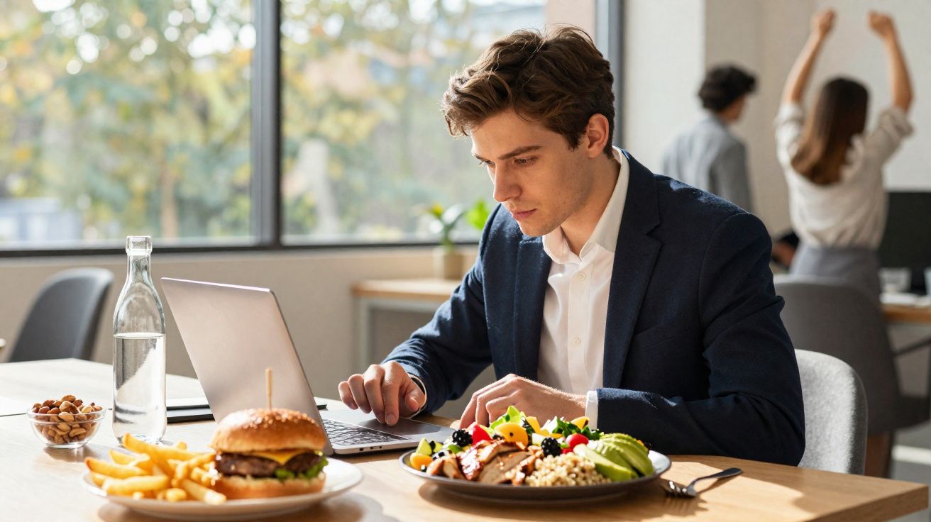Homem em traje formal trabalhando no laptop com refeições saudáveis e hambúrguer com batatas na mesa.