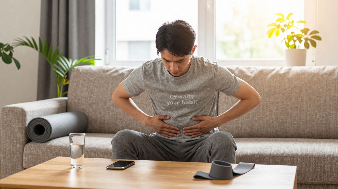 Homem sentado no sofá com expressão de dor, segurando a barriga com as duas mãos.