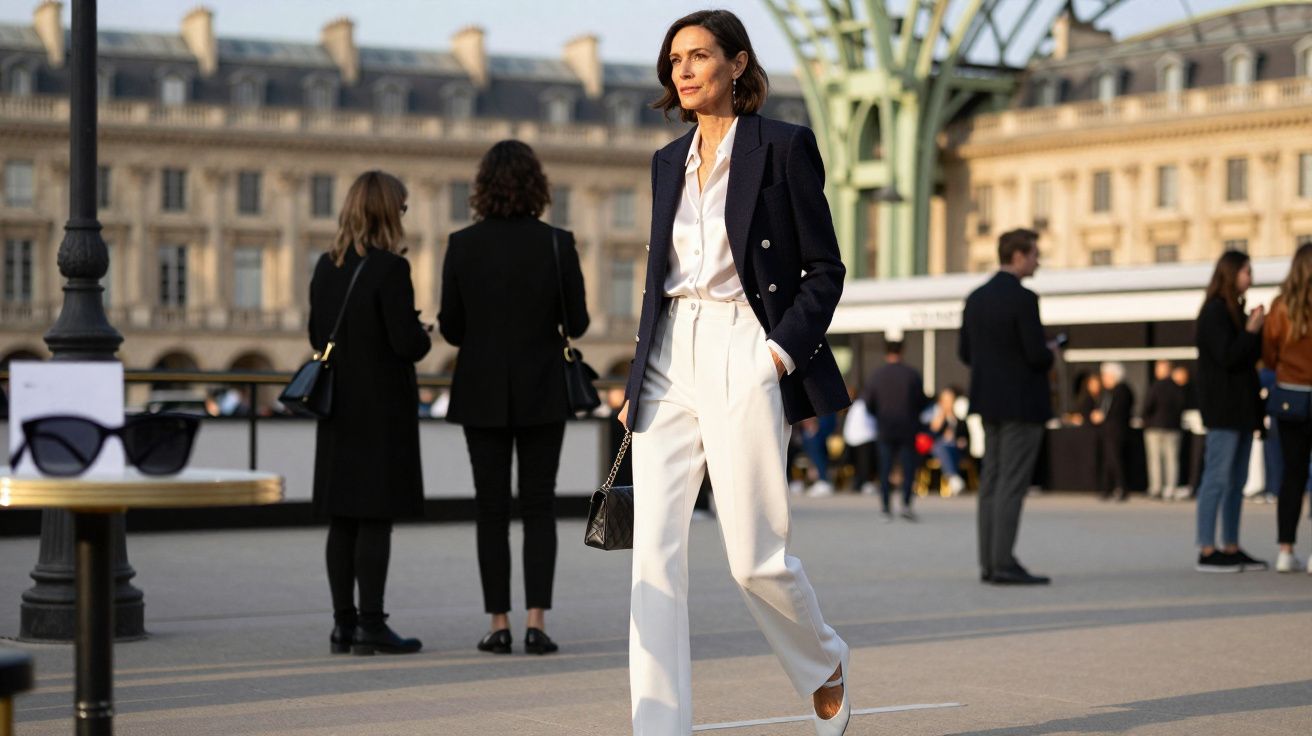 Mulher elegante caminhando ao ar livre com calça branca, camisa e blazer azul escuro, com prédio histórico ao fundo.