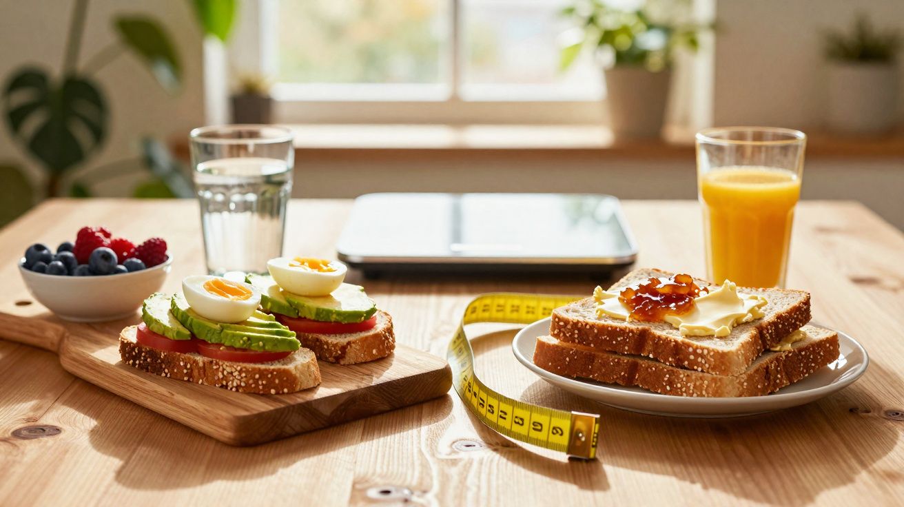 Mesa de café da manhã com torradas, ovos, abacate, frutas, suco de laranja e fita métrica.