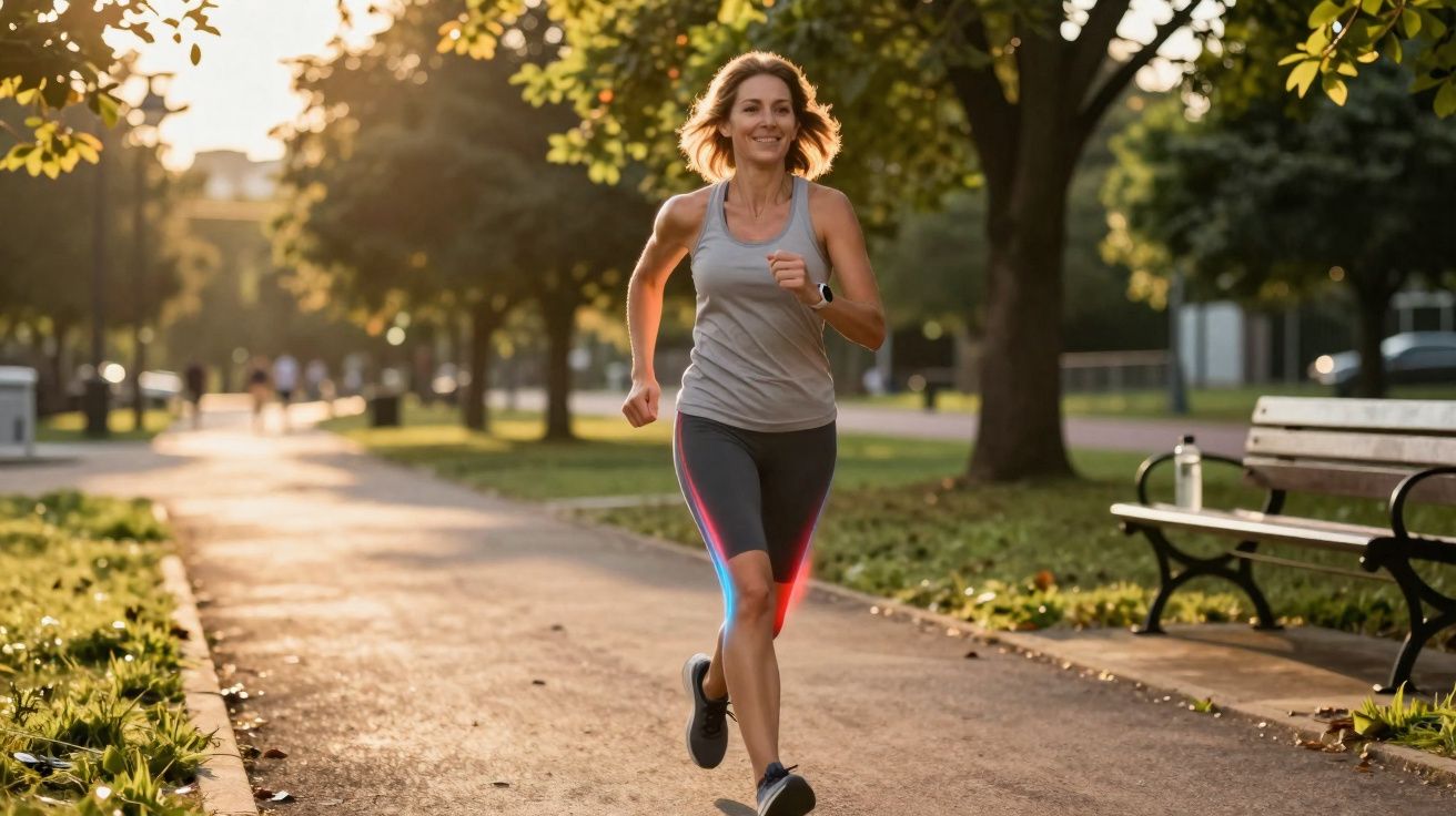 Mulher correndo em parque ao amanhecer com roupas esportivas e expressão feliz.