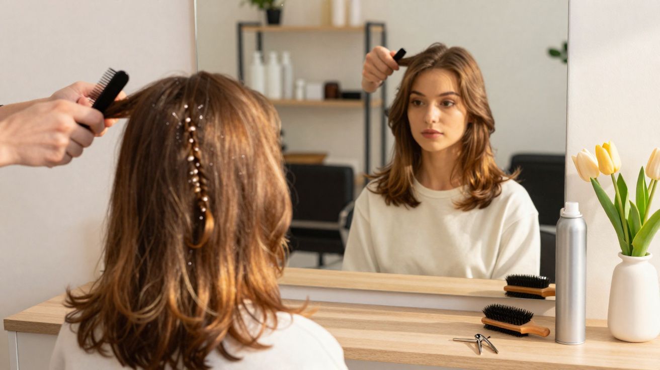 Mulher jovem sentada em frente a espelho no salão de beleza tendo cabelo penteado por cabeleireiro.