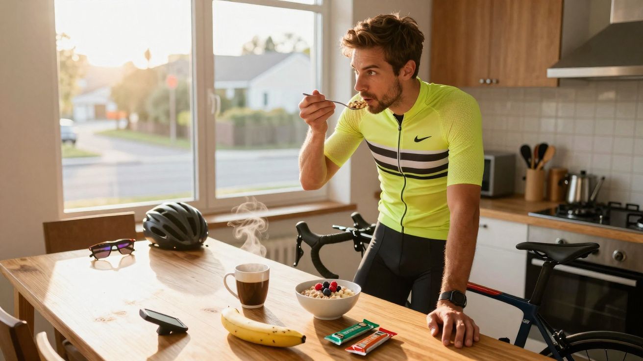 Homem com roupa de ciclismo comendo cereal na cozinha, ao lado de bicicleta, capacete e café quente.