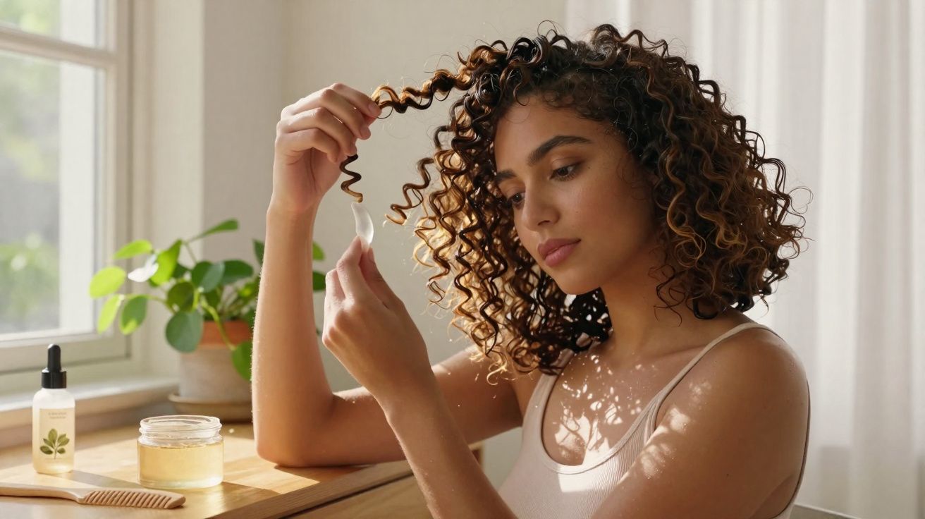 Mulher aplicando creme em cabelo cacheado em ambiente iluminado com planta ao fundo.