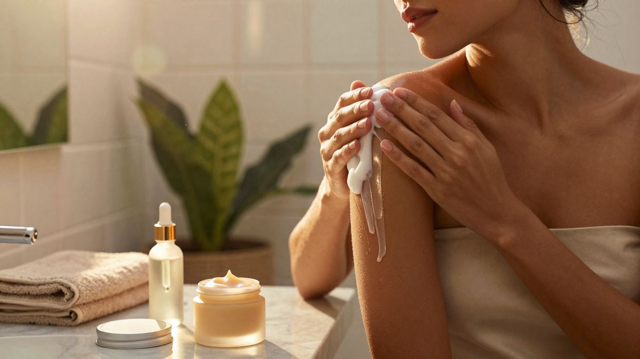 Mulher aplicando creme hidratante no ombro em banheiro com toalhas e produtos de beleza na bancada.