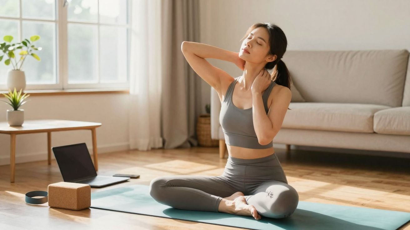 Mulher praticando yoga sentada no tapete em sala iluminada, alongando pescoço e ombros.