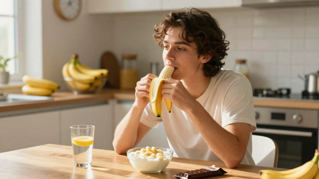 Jovem sentado à mesa da cozinha comendo banana descascada, com tigela de frutas, copo d'água e barra de chocolate.