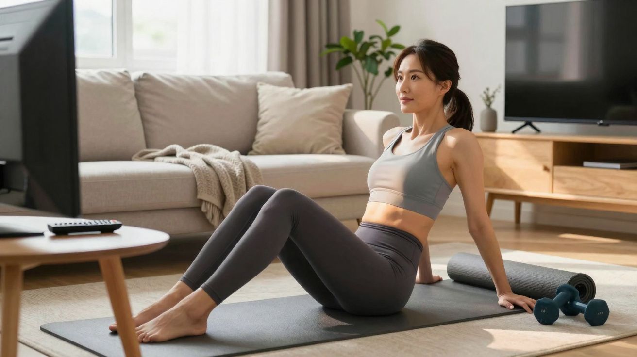 Mulher fazendo exercício em tapete de yoga na sala de estar, com halteres ao lado.
