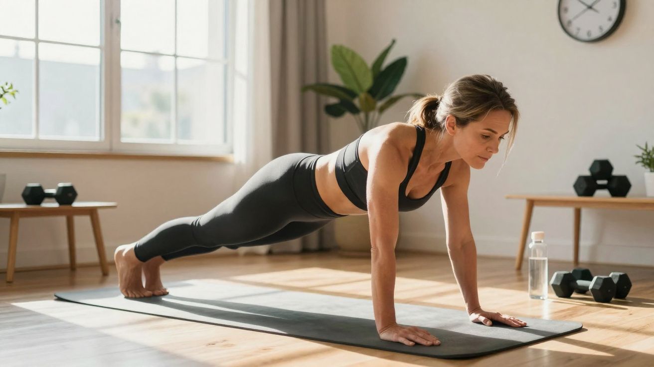 Mulher fazendo prancha em tapete de yoga em ambiente iluminado e arejado.