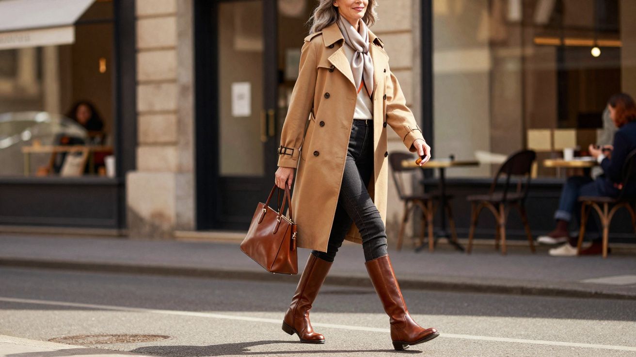 Mulher elegante caminhando na rua com casaco bege, botas marrons e bolsa combinando.