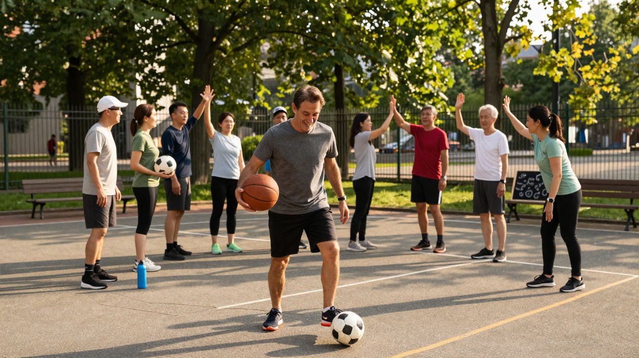 Grupo de pessoas em parque praticando esportes com bola, sorrindo e cumprimentando-se.