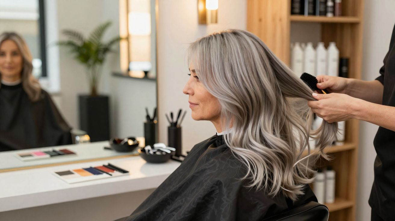 Mulher grisalha com cabelo longo sendo penteada em salão de beleza moderno e bem iluminado.