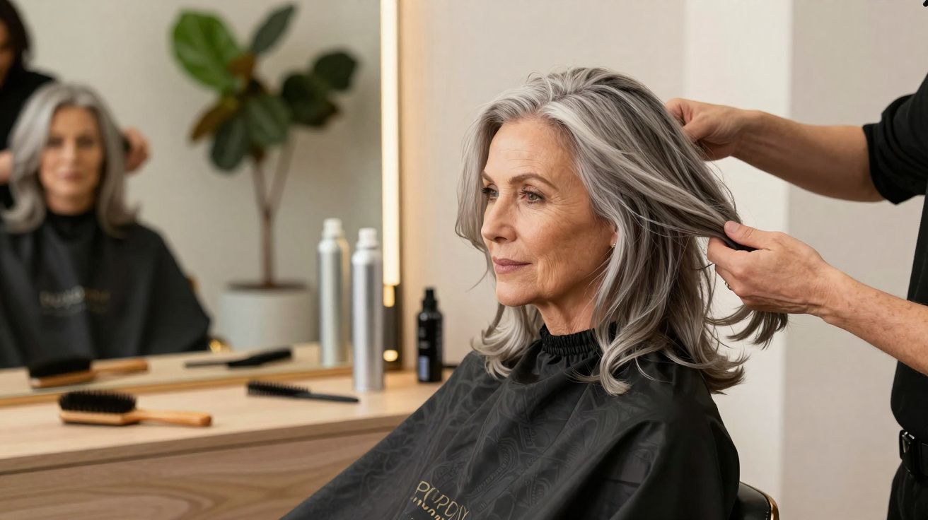 Mulher madura com cabelo grisalho sendo penteada em salão de beleza, sentada em cadeira diante do espelho.