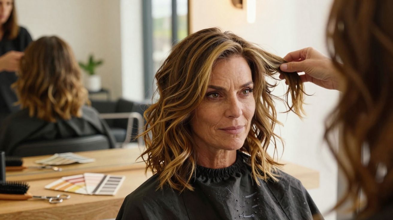 Mulher de meia-idade no salão de beleza recebendo arranjo de cabelo ondulado castanho claro.