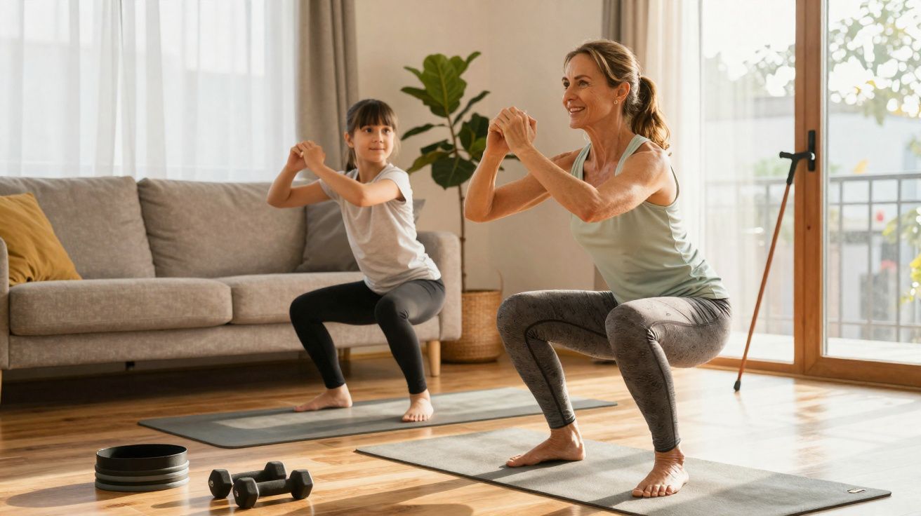 Mulher e menina fazendo agachamento juntas em tapetes de yoga em sala iluminada.