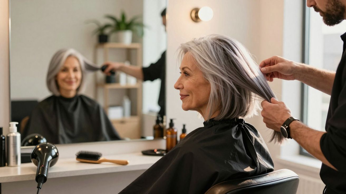 Mulher de cabelos grisalhos sentada em salão de beleza enquanto cabeleireiro arruma seu cabelo.