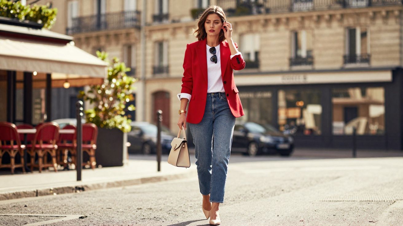 Mulher caminhando na rua com blazer vermelho, camiseta branca, jeans e bolsa bege em ambiente urbano.
