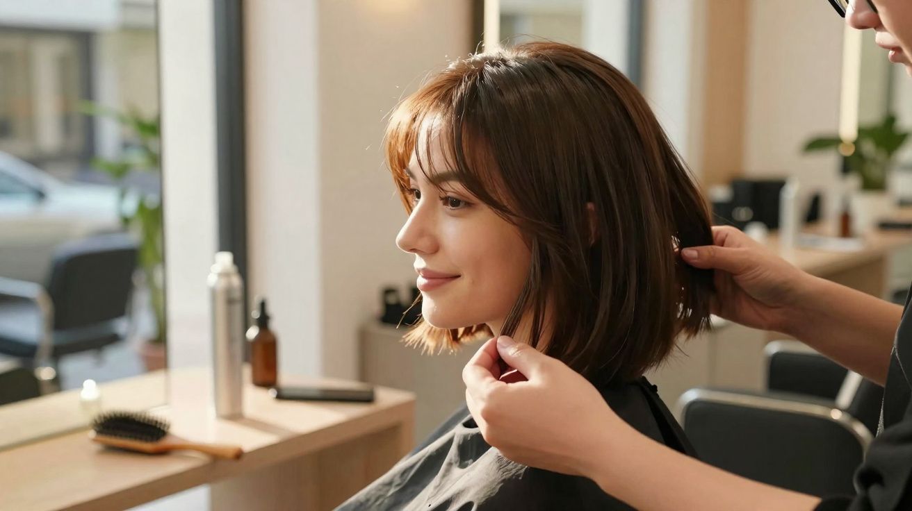 Mulher sorridente com cabelo curto sendo penteada por cabeleireiro em salão de beleza iluminado.