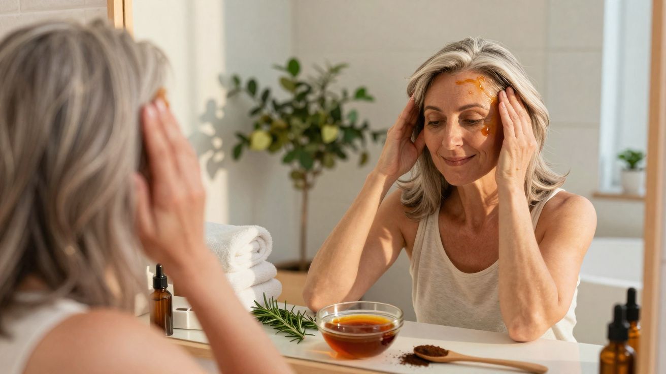 Mulher madura aplicando máscara facial laranja sentada em frente ao espelho no banheiro.