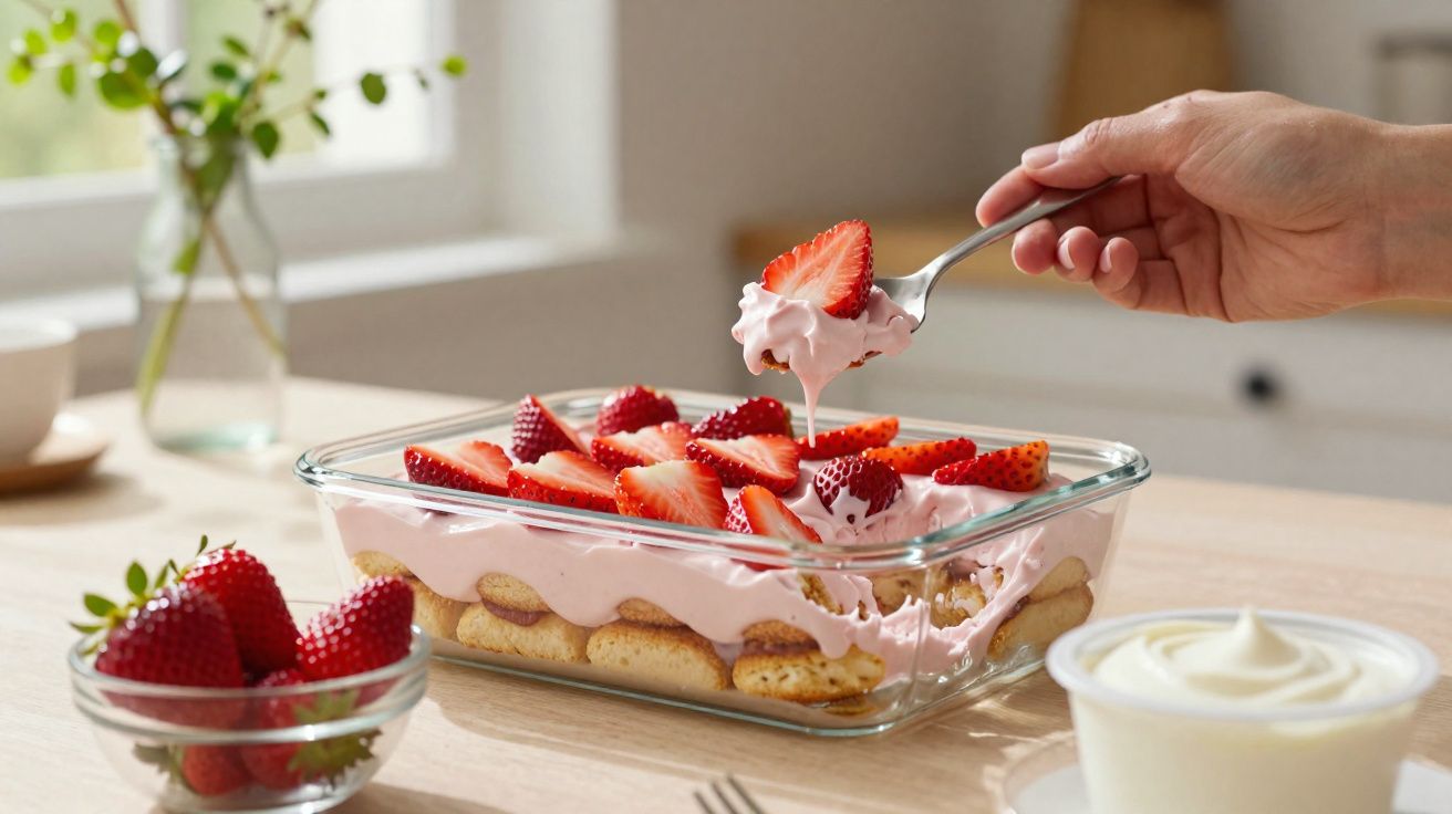 Sobremesa cremosa com morangos frescos, creme rosa e biscoitos em recipiente de vidro, com uma mão segurando uma colher.