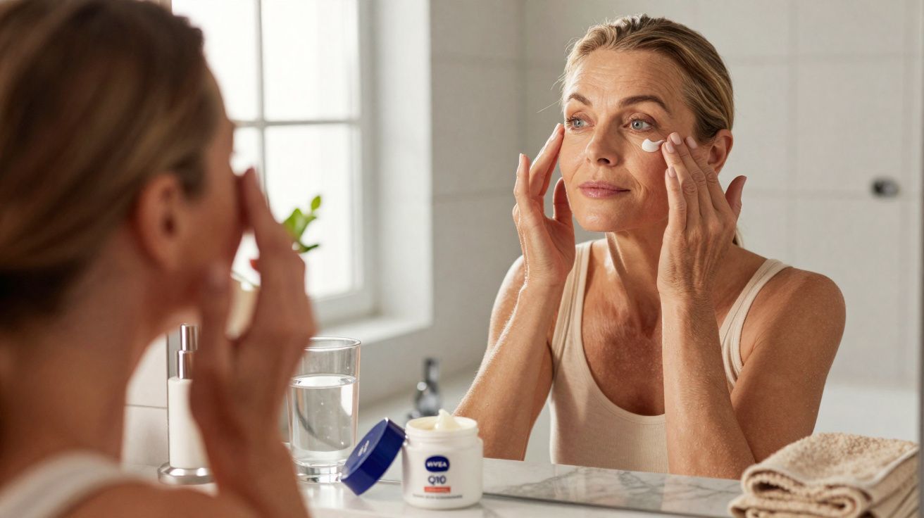 Mulher aplicando creme Nivea Q10 no rosto em frente ao espelho no banheiro.