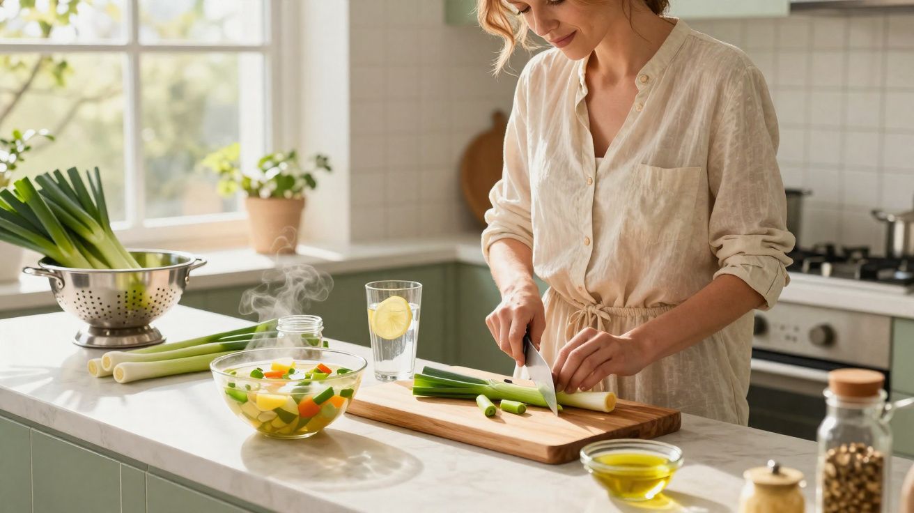 Mulher cortando alho-poró na tábua na cozinha clara com vegetais e temperos ao redor.