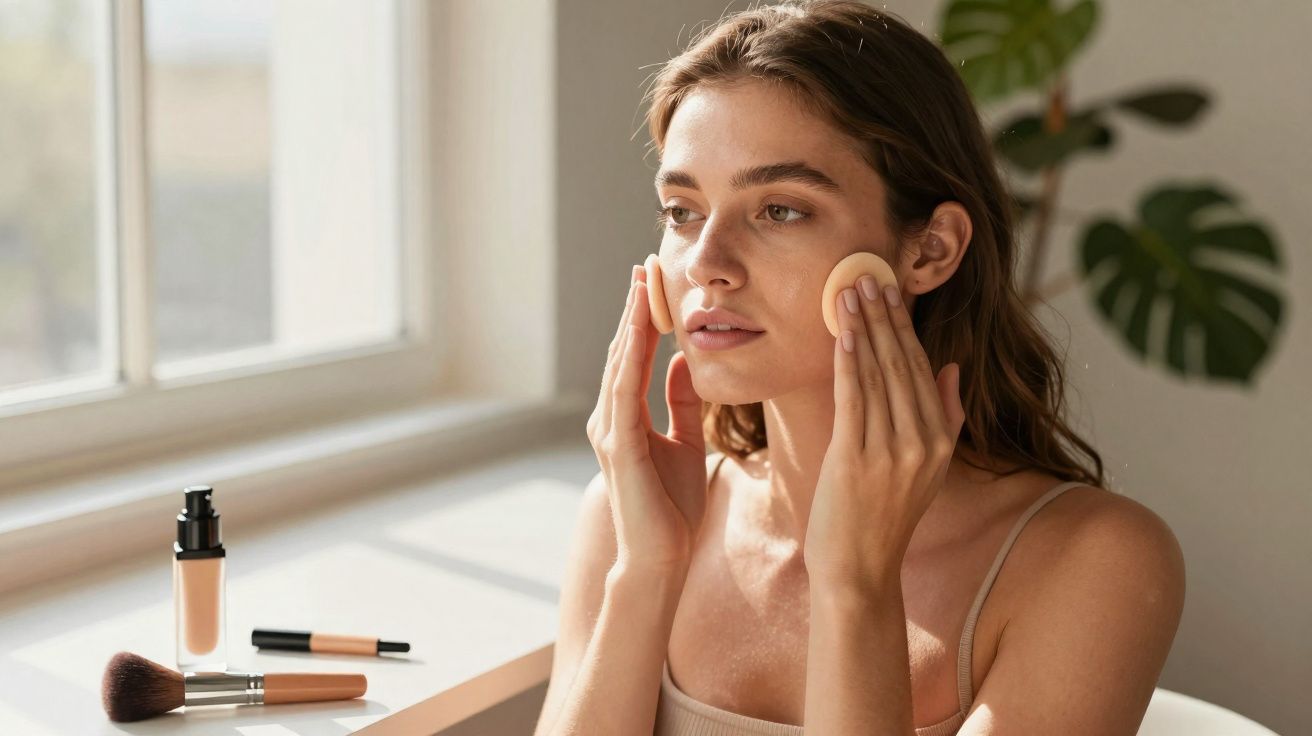 Mulher aplicando base facial com esponja, em ambiente iluminado e com plantas ao fundo.