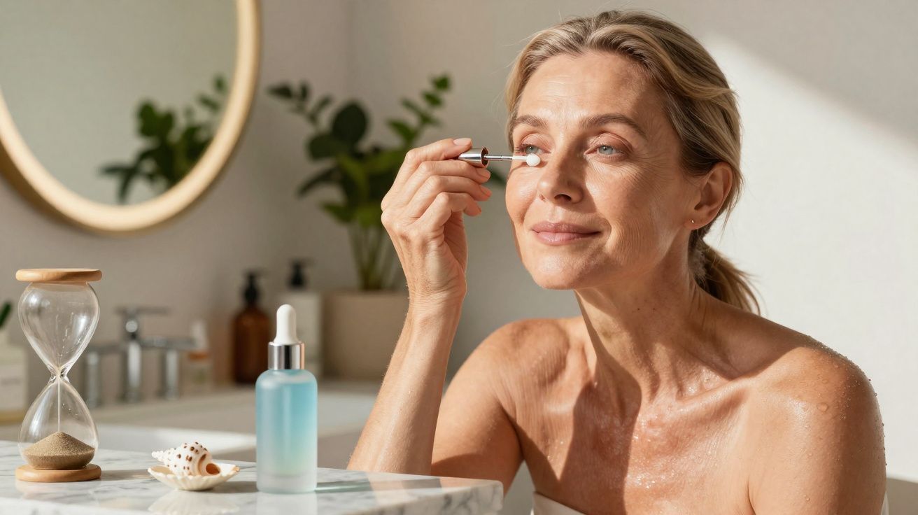 Mulher aplicando sérum facial na área dos olhos em ambiente iluminado, com timer e espelho ao fundo.