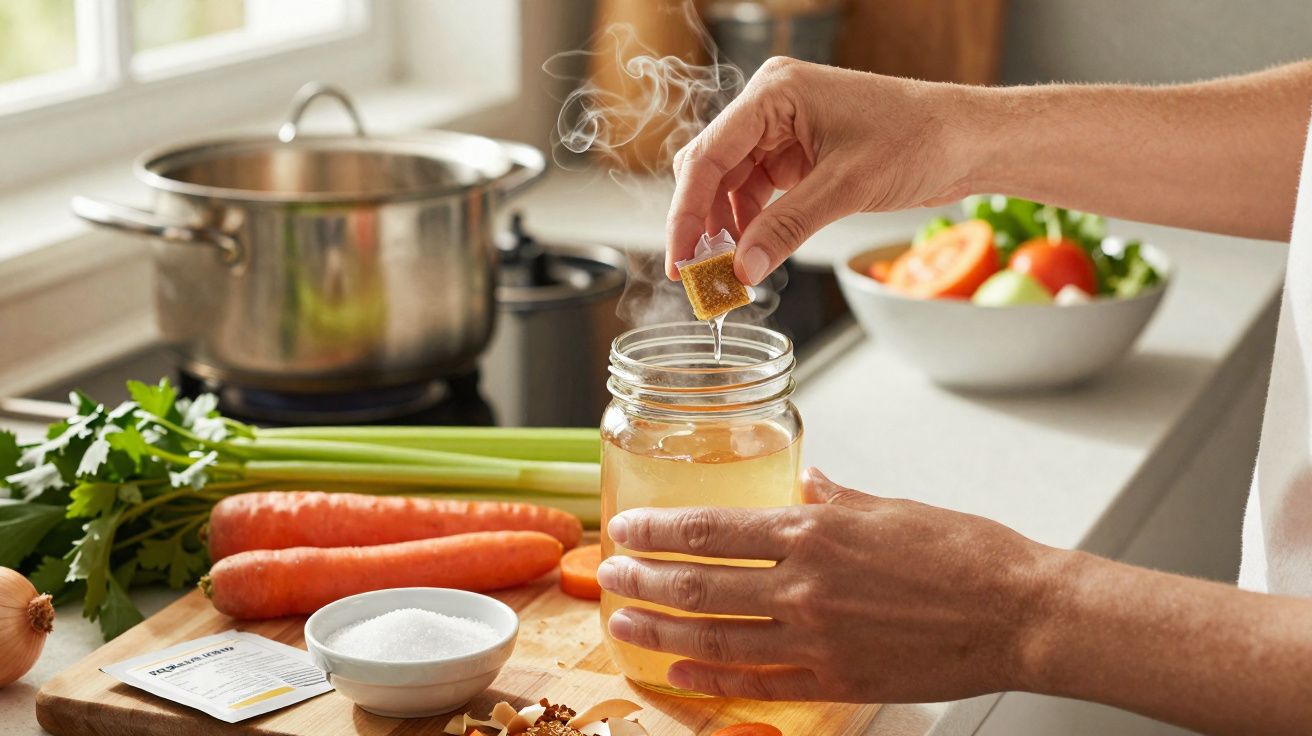 Pessoa preparandondo chá com saquinho em jarra de vidro sobre bancada com legumes e panela ao fundo.