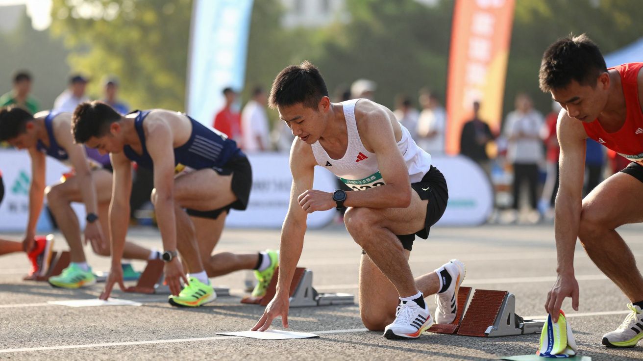 Atletas se posicionando para largada em corrida de pista ao ar livre em dia ensolarado.