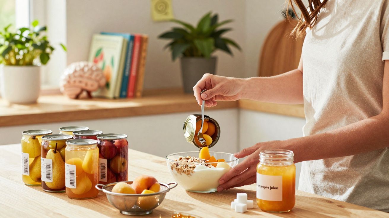 Pessoa servindo frutas em calda com iogurte e granola em tigela na cozinha iluminada.