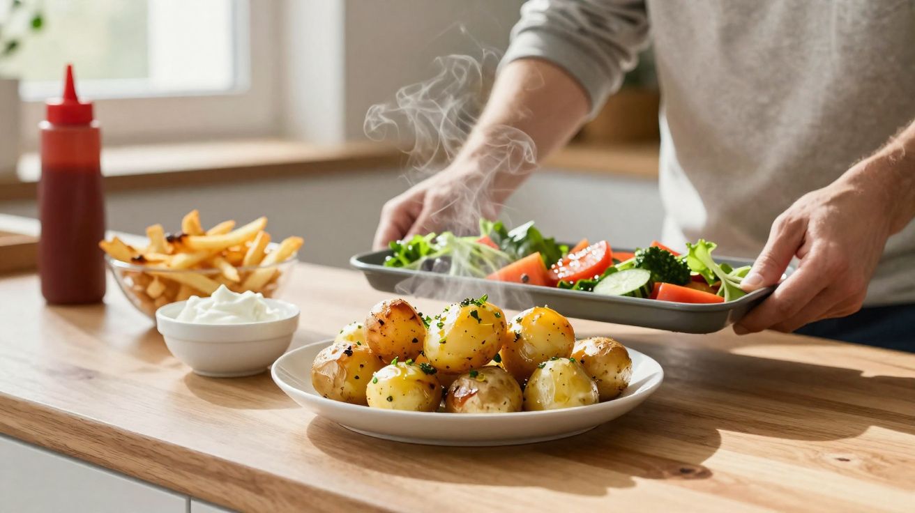 Prato de batatas assadas quentes com ervas, acompanhado de salada fresca e batatas fritas na bancada da cozinha.