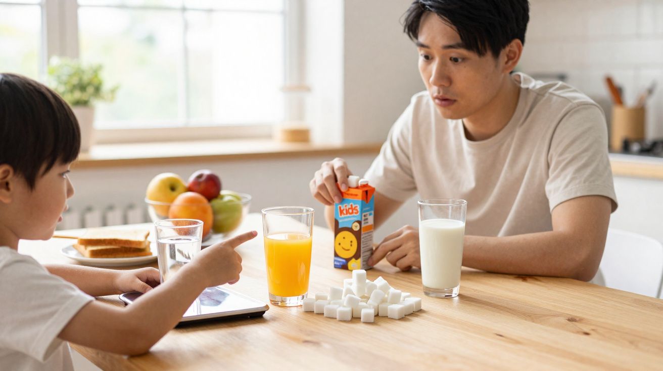 Criança e adulto sentados à mesa, com cubos de açúcar, copos de leite e suco de laranja na frente.
