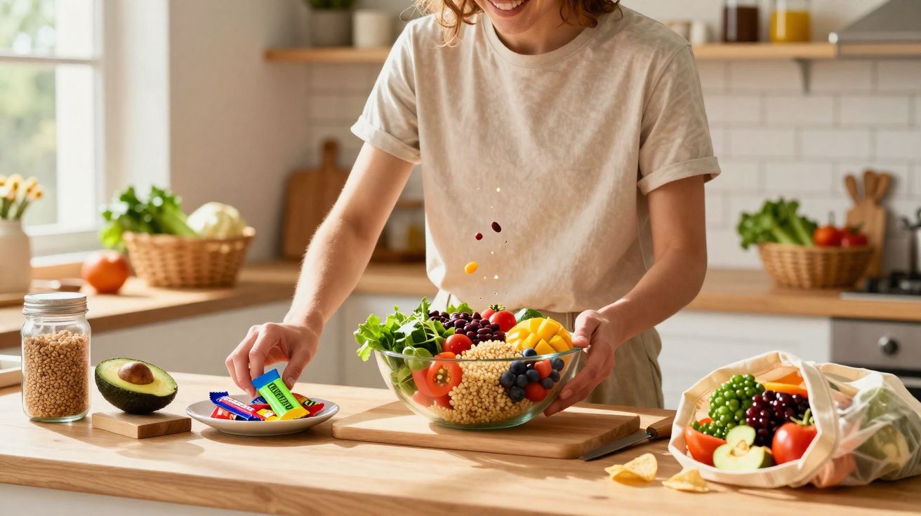 Pessoa preparando salada colorida com legumes e frutas em cozinha iluminada e organizada.