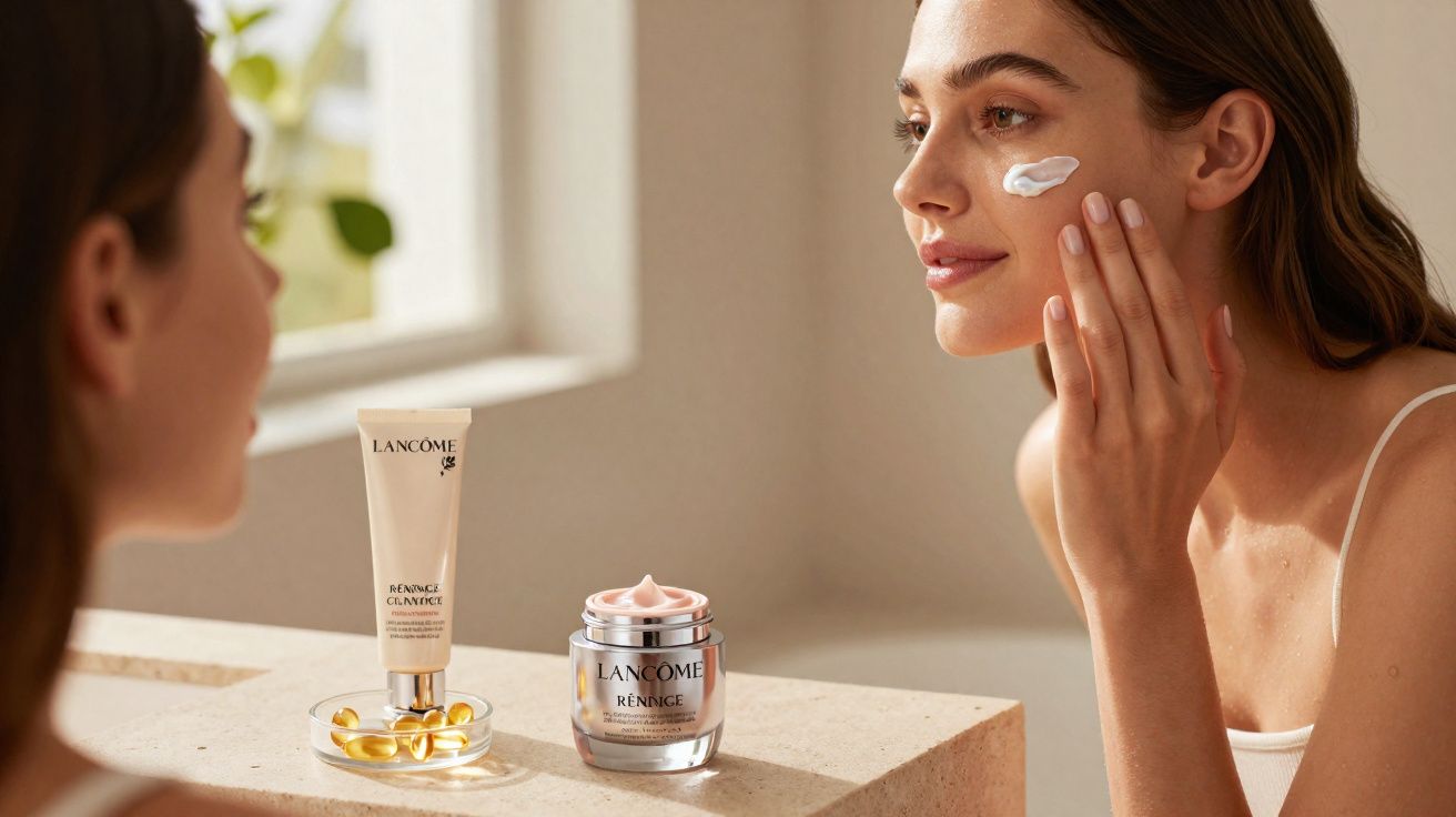 Mulher aplicando creme facial ao lado de espelho com dois produtos Lancôme sobre bancada.