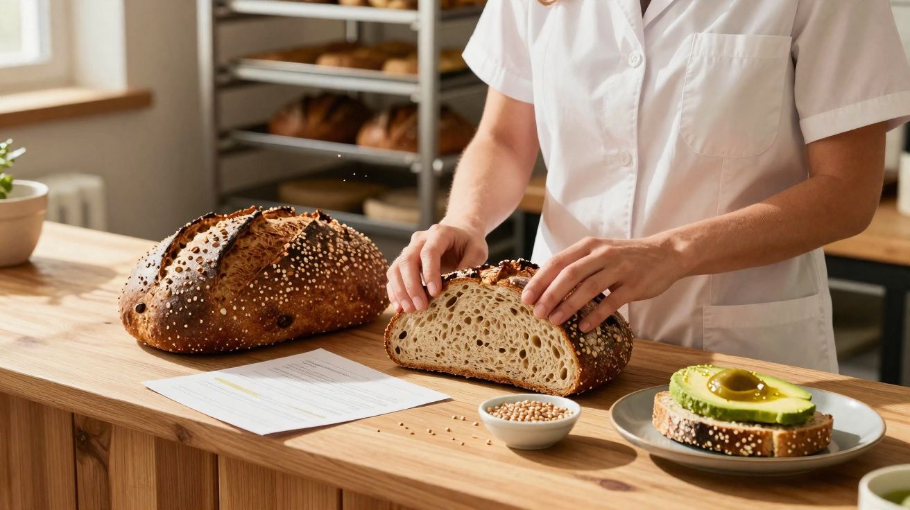 Pessoa cortando pão artesanal em balcão de madeira, com fatia de pão com abacate em prato.
